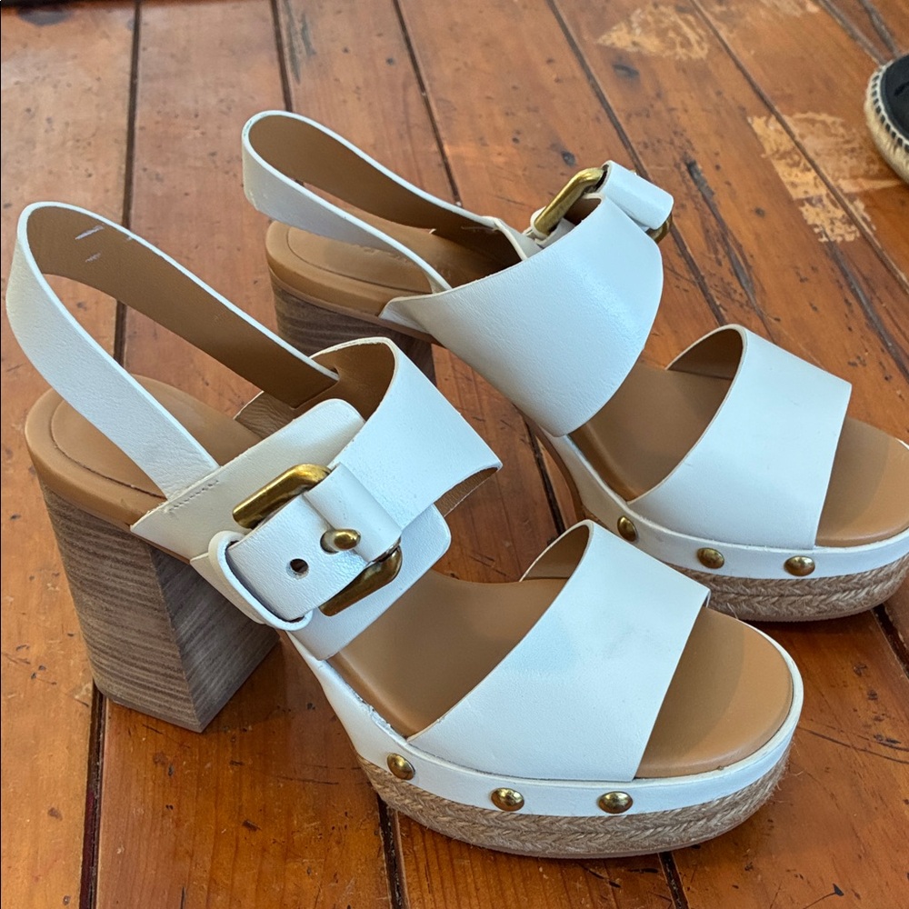 See By Chloe White and Tan Platform Sandals